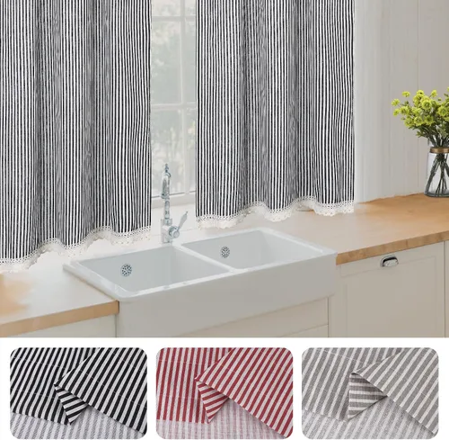 Vista 2 de Cortinas cortas a rayas para ventana, cortinas rústicas de cocina primitivas, 2 paneles de cortinas de café a rayas con decoración de encaje