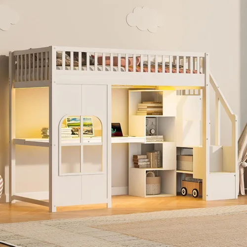 Vista 27 de Playhouse Wood Twin Size Loft Bed with Storage Staircase, Desk, Shelves