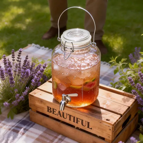 Vista 4 de Dispensador de bebidas de vidrio para fiestas, dispensador de bebidas de 1 galón con espita y asa, dispensador de agua de vidrio, dispensadores