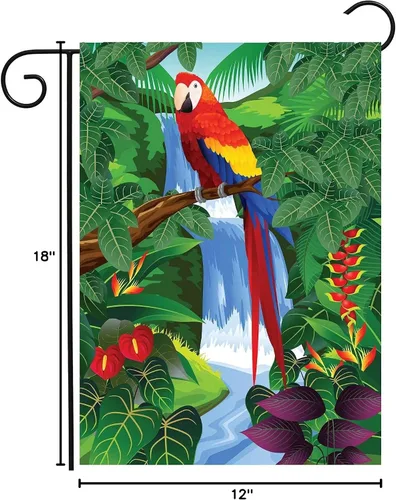 Vista 6 de Bandera de jardín con diseño de pájaros, loro y guacamayo, flores en verano, primavera, bosque tropical, jardín, patio, 12 x 18 pulgadas, banderas