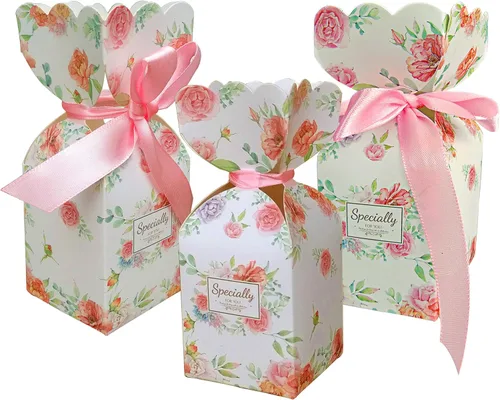Vista 8 de Lontenrea 50 cajas de dulces para boda, fiesta de cumpleaños, caja de regalo con 50 cintas doradas para decoración