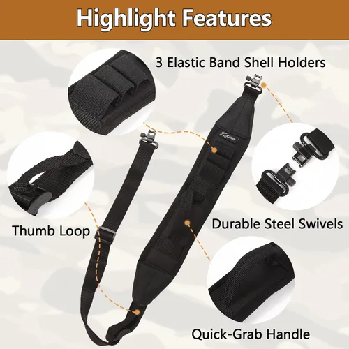 Vista 2 de ZYLORA Shotgun Sling with Quick-Grab Handle, 3 Shell Holders and Swivels Fits 12 gauge shotguns with swivel studs; Neoprene comfort pad