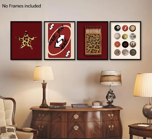 Vista 4 de KDHTY Juego de 4 Impresiones Artísticas de Pared Retro Rojas de Moda, Pósters de Arte de Pared Funky Retro Y2K Leopardo Caja de Cerillas Estrella