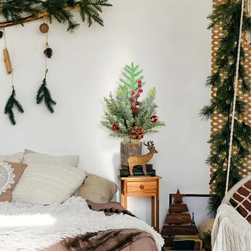 Vista 5 de Blissun Mini árbol artificial de Navidad de 15 pulgadas con luces, árbol de Navidad pequeño, pinos artificiales de Navidad con base de madera, mini