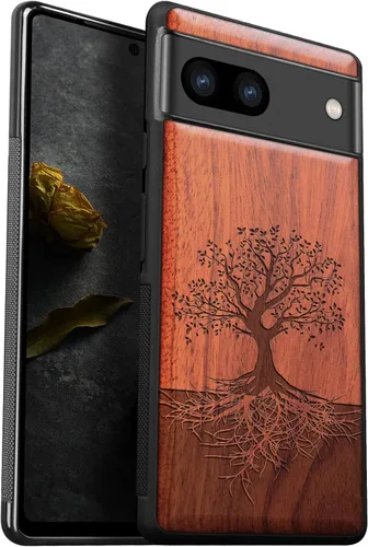 Vista 10 de Carveit Funda de madera para Pixel 7a [madera natural y TPU suave negro] a prueba de golpes, funda protectora de madera única y elegante compatible