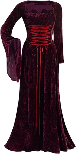 Vista 2 de SHOPESSA Disfraz de Halloween para mujer vestido medieval de terciopelo manga acampanada longitud hasta el suelo vestido renacentista del siglo 18