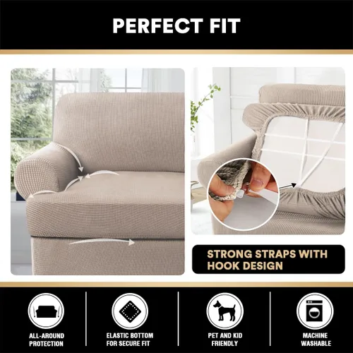 Vista 6 de Paquete de fundas para sofá con cojín en forma de T de 3/4 piezas, protector de muebles, patrón a cuadros, extraíbles y lavables, color arena