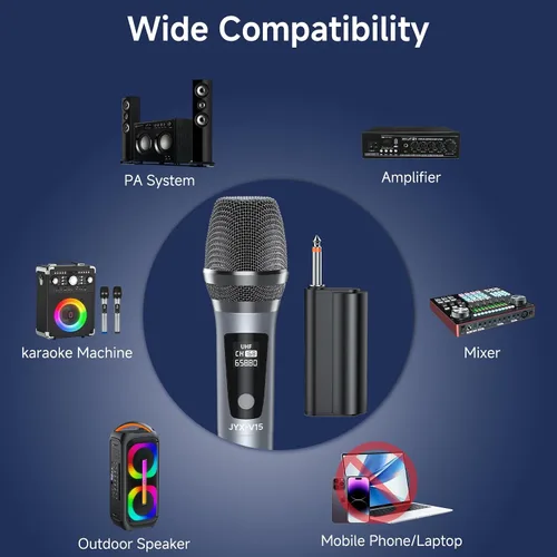 Vista 6 de JYX Micrófono inalámbrico, sistema de micrófono dinámico de mano profesional UHF de metal con receptor recargable de 1/4 pulgadas (0.250 in) enchufe