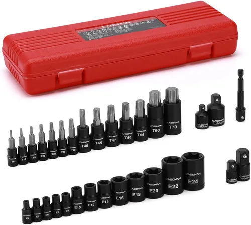 Vista 9 de CASOMAN Juego de 25 piezas de dados Torx y enchufes externos, 13 puntas de enchufe estrella (T8- T60) y 12 enchufes E-Torx hembra (E4-E22)