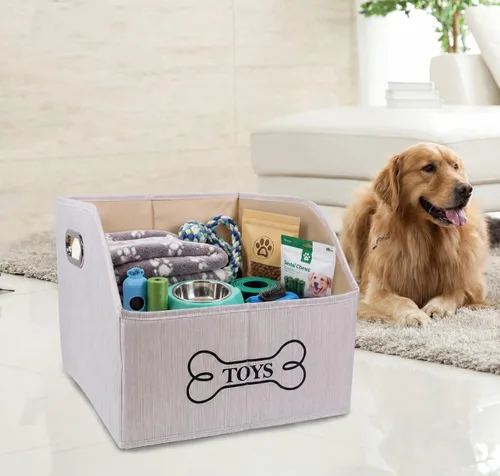 Vista 7 de Geyecete Contenedor de almacenamiento de juguetes para perros con mango de madera, cesta organizadora rectangular decorativa de fieltro suave