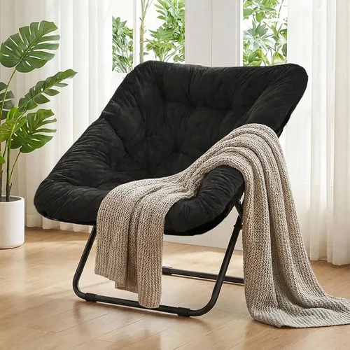 Vista 15 de Grezone Silla plegable con platillo, silla de luna perezosa de gran tamaño con marco de metal, cómodas sillas de dormitorio para dormitorio, sala
