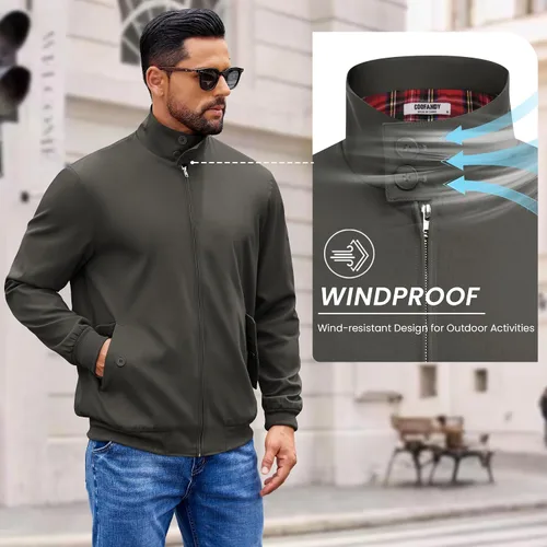 Vista 7 de COOFANDY - Chaquetas ligeras para hombre, chaqueta casual de estilo cortavientos con cremallera, cuello parado, chaqueta de golf elegante