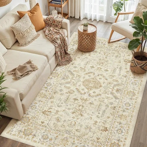 Vista 67 de PureCozy Alfombra de área beige de 2 x 3 pulgadas, lavable, vintage, pequeña, para entrada, cocina, suave, retro, floral, de pelo bajo, tapete