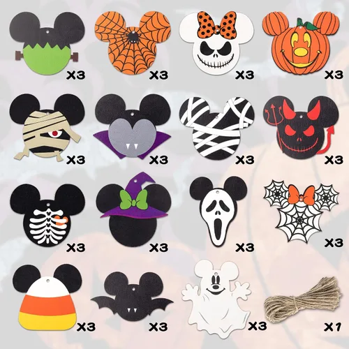 Vista 3 de 46 piezas adornos colgantes de madera de ratón de Halloween, rebanadas de madera de ratón con cuerdas para fiesta de Halloween, adorno colgante