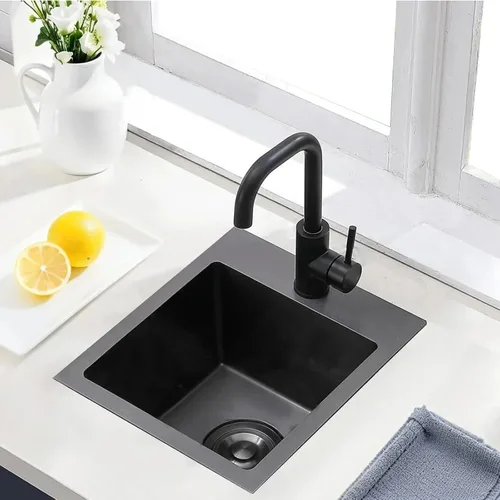 Vista 4 de Hotis Fregadero de Barra Negro Empotrable, Fregadero de Cocina Pequeño de 15x15 de Un Solo Tazón, Fregaderos Negros de Acero Inoxidable para Bar