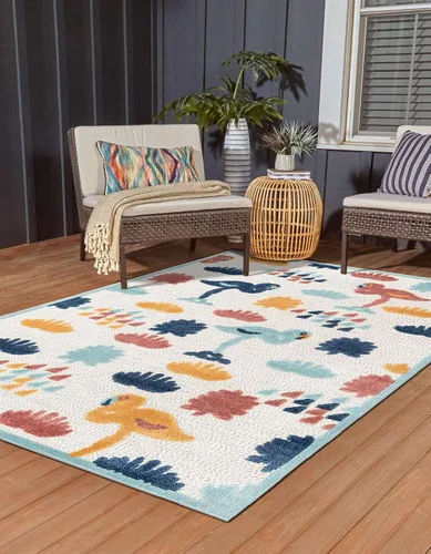 Vista 3 de Unique Loom Belize Outdoor Collection - Alfombra de área Moho (2 pies x 3 pies 1 pulgada, rectangular, blanco/azul marino)