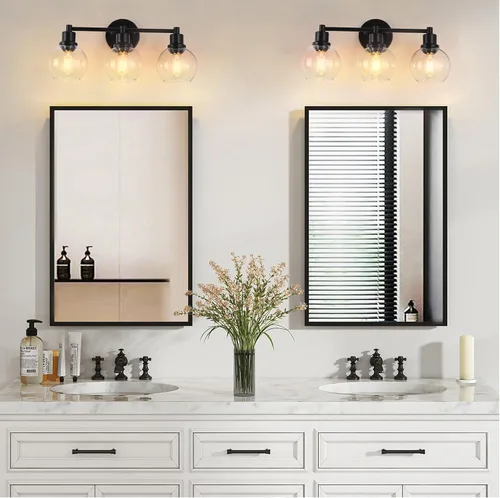 Vista 8 de Lámpara de Tocador de Baño de 3 Luces, Accesorios de Iluminación de Baño Negro con Pantalla de Globo de Vidrio Transparente, Aplique de Pared Negro
