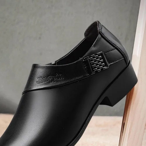 Vista 5 de Zapatos de vestir de esmoquin de cuero para hombre, clásicos, sin cordones, formales, estilo Oxford, a la moda, casual, de cuero, puntiaguda