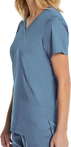 Vista 4 de Mock Wrap Scrub Top para las mujeres 2 bolsillos 4-Way Stretch para Medical Dental Spa EL9115