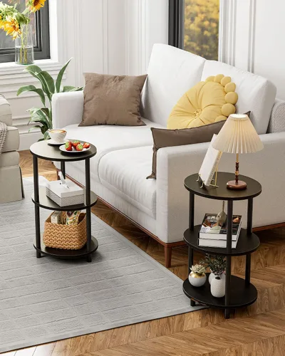 Vista 6 de Mesa auxiliar redonda pequeña – Mesa decorativa ovalada de 3 niveles para espacios pequeños, mesa auxiliar de sofá de madera rústica y metal, mesita