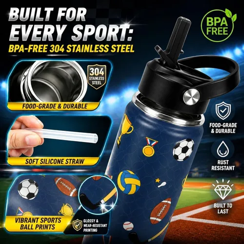 Vista 5 de Botella de agua deportiva de 16 onzas para niños, botella aislada de acero Sports Balls