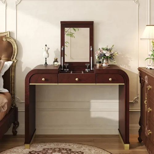 Vista 10 de Saiveina Escritorio clásico de madera con espejo abatible, tocador 3 en 1 con 2 cajones y espacio de almacenamiento para dormitorio, vestidor Champán