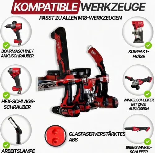 Vista 4 de Soporte para herramientas PERCH para Milwaukee M18 18v Monta de forma segura 5 herramientas inalámbricas Montaje universal Organizador