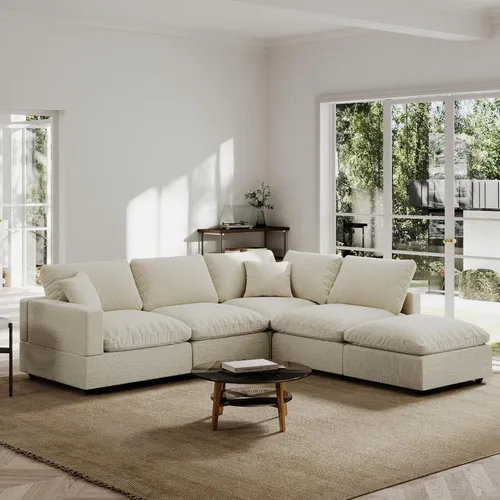Vista 13 de Sofá seccional moderno de lino en forma de L para sala de estar, sofás modulares con relleno de plumón, fundas de cojín de sofá desmontables, sofá