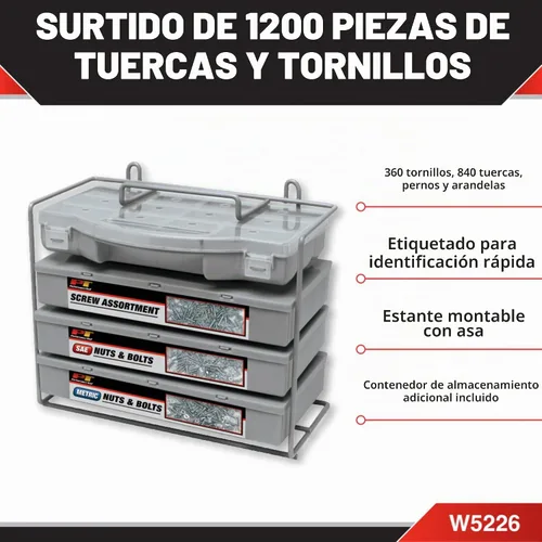 Vista 2 de Performance Tool W5226 Kit surtido de tuercas y pernos SAE/métricas de 1200 Incluye 360 tornillos de máquina, 840 tuercas, pernos y arandelas en un