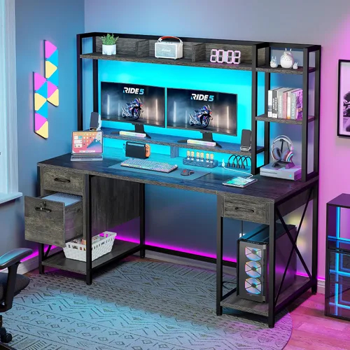 Vista 3 de DWVO Escritorio para computadora con cajones y gabinete, escritorio de oficina de 59.1 pulgadas con tomas de corriente y luces LED, escritorio