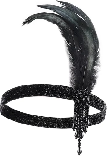 Vista 2 de DRESHOW - Juego de accesorios de El Gran Gatsby de los años 20 para mujer, diadema de flapper, tocado, guantes, disfraz, accesorios de las noches