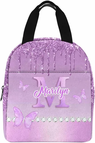 Vista 29 de InterestPrint Bolsa de almuerzo con nombre personalizado para hombres y mujeres, diseño de mariposa rosa y azul personalizada, caja de almuerzo