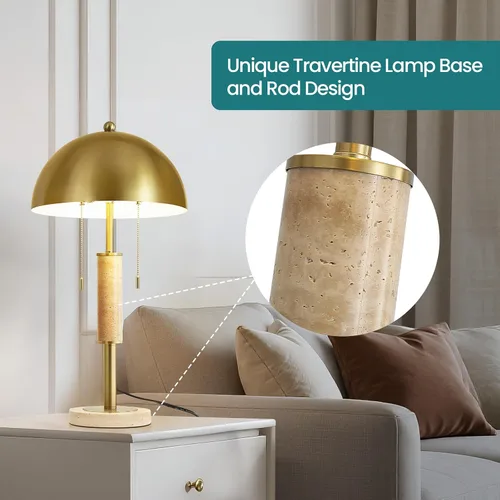Vista 4 de KAISITE Juego de 2 lámparas de mesa modernas de 61 cm para sala de estar, lámpara de mesita de noche de metal dorado con travertino decorativo