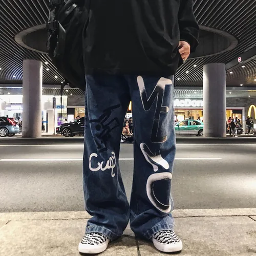 Vista 2 de Y2K Jeans - Pantalones de mezclilla para hombre, estilo hip hop, vintage, grafiti, dibujos animados, anime, pantalones de mezclilla góticos, rectos
