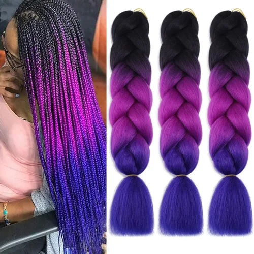 Vista 17 de Cabello trenzado de fibra sintética, tamaño jumbo, extensiones de cabello Kanekalon suave, color negro, (24 pulgadas, 3 piezas)