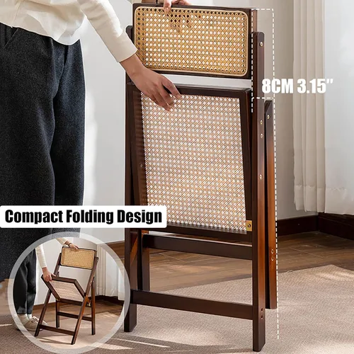 Vista 3 de KISKIS Sillas plegables de ratán de madera, portátil, ahorro de espacio, silla de comedor para balcón, sala de estar, con asiento elástico de malla