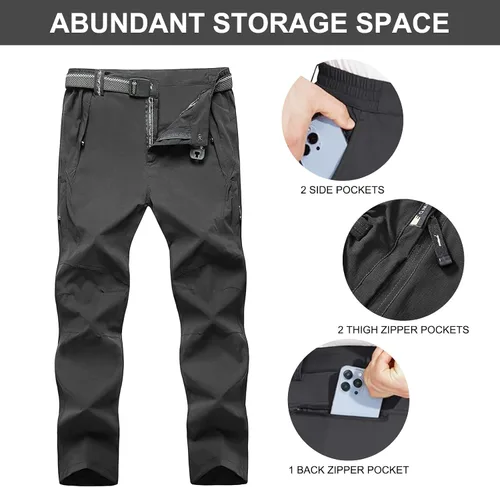 Vista 5 de Pantalones de senderismo para hombre con cinturón, secado rápido, ligeros, impermeables, con bolsillos con cremallera