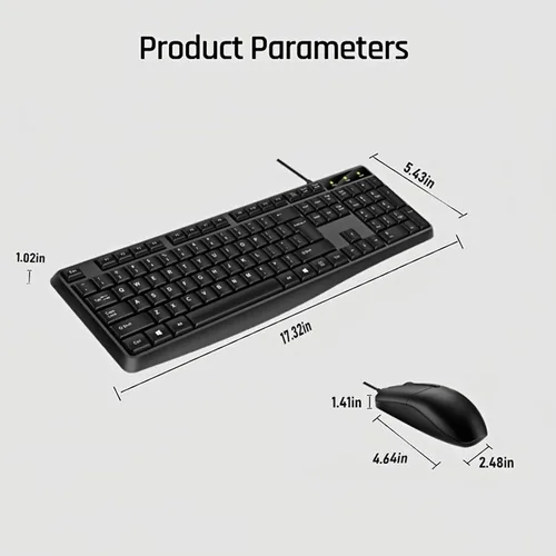 Vista 3 de Teclado y mouse con cable, teclado con cable de 104 teclas con teclado numérico, indicadores LED, ergonómico, cómodo juego y enchufe