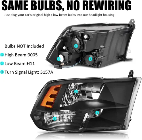 Vista 3 de Ensemble de phares compatible avec 2009 2010 2011 2012 2013 2014 2015 2016 2017 2018 Ram 1500, 2019 Ram 1500 Classic, 2010-2018 Ram 2500 3500 phares