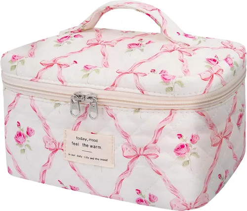 Vista 35 de Gosect Bolsa de maquillaje grande, bonita bolsa de cosméticos para mujeres y niñas, bolsa de aseo estética de coqueta floral, bolsa organizadora