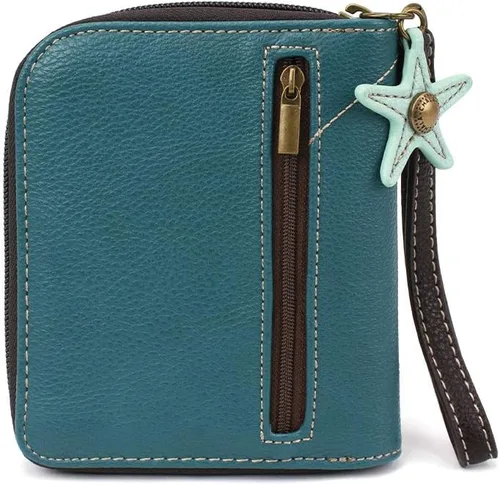 Vista 4 de CHALA Cartera con cremallera alrededor, pulsera, 8 ranuras para tarjetas de crédito, piel sintética resistente, Dólar de arena - Turquesa, Cartera