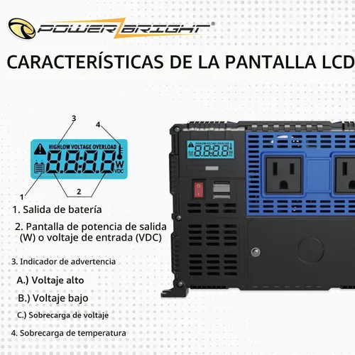 Vista 4 de PowerBright Inversor de corriente de 3000 vatios, convertidor de 12 V CC a 120 V CA para RV, camión, inversor fuera de la red, inversor de automóvil