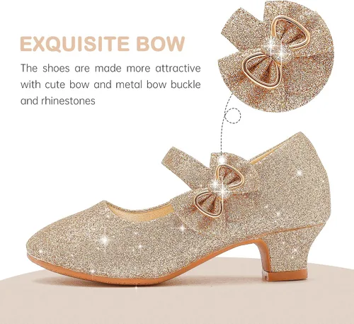 Vista 3 de Dufannie Zapatos de vestir para niñas, zapatos de tacón bajo de princesa, zapatos planos con purpurina para bodas y fiestas