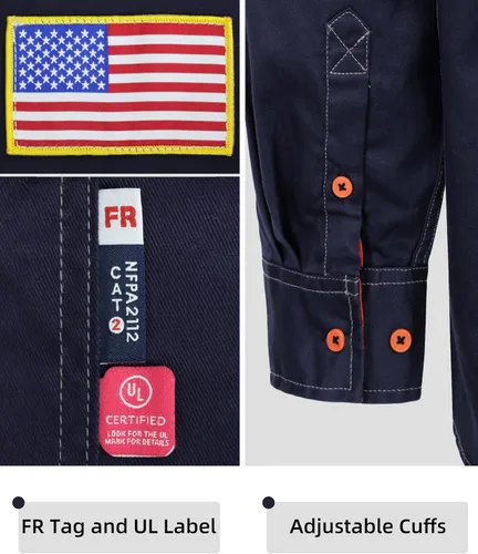 Vista 4 de BOCOMAL Camisas FR para hombre, resistentes al fuego, peso ligero, NFPA2112, camisa de soldadura ignífuga, acabado repelente al agua y al aceite