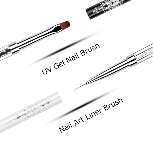 Vista 5 de Juego de 2 cepillos de diseño de uñas de doble extremo con mango de diamantes de imitación, juego de cepillos de uñas de gel UV, herramientas