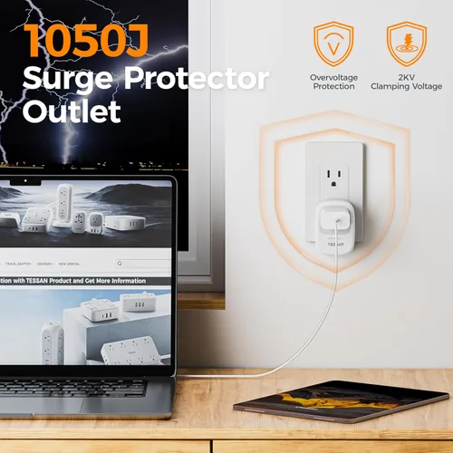 Vista 2 de TESSAN Protector de sobretensiones de 1050 julios, protector de sobretensiones de un solo enchufe con indicador de luz protegida, toma de pared
