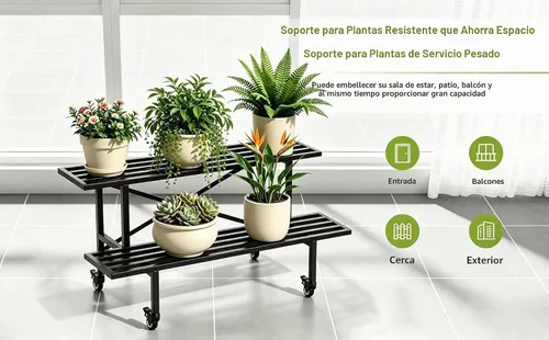 Vista 8 de Zhongma - Soporte de planta de metal resistente de 2 niveles con ruedas