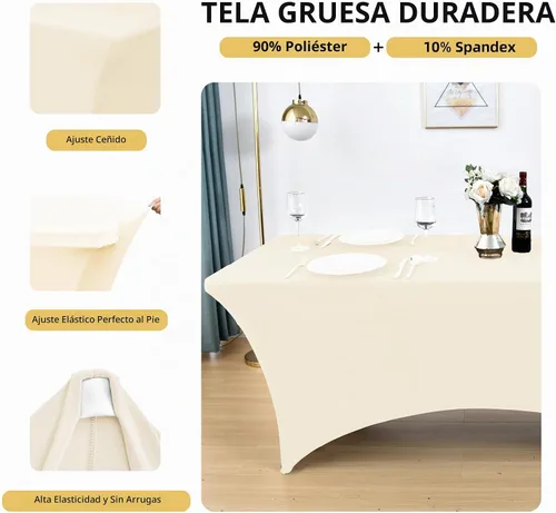 Vista 2 de Paquete de 2 Cubiertas de Mesa de Spandex de 4 pies para Mesas Plegables Rectangulares - Manteles Elásticos Ajustados Resistentes a las Arrugas Beige