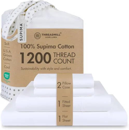 Vista 17 de Threadmill Sábanas de lujo de algodón Supima, sábanas de 100% algodón suaves de 1200 hilos de lujo para cama tamaño matrimonial, juego de 4 sábanas