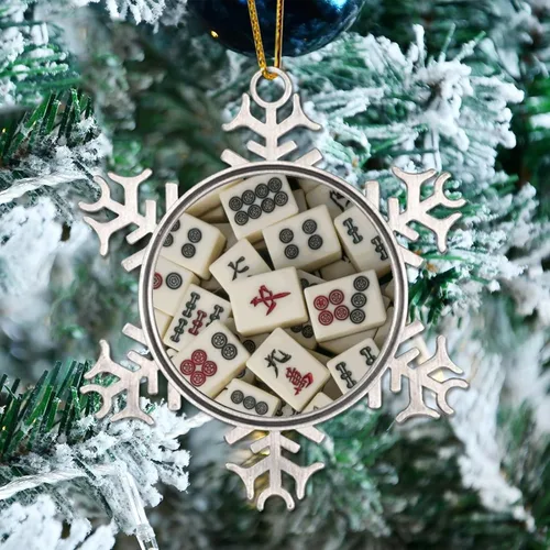 Vista 6 de Divertido adorno de Navidad copo de nieve redondo colgante recuerdo de Navidad Mahjong patrón de recuerdo de metal regalo de árbol de Navidad